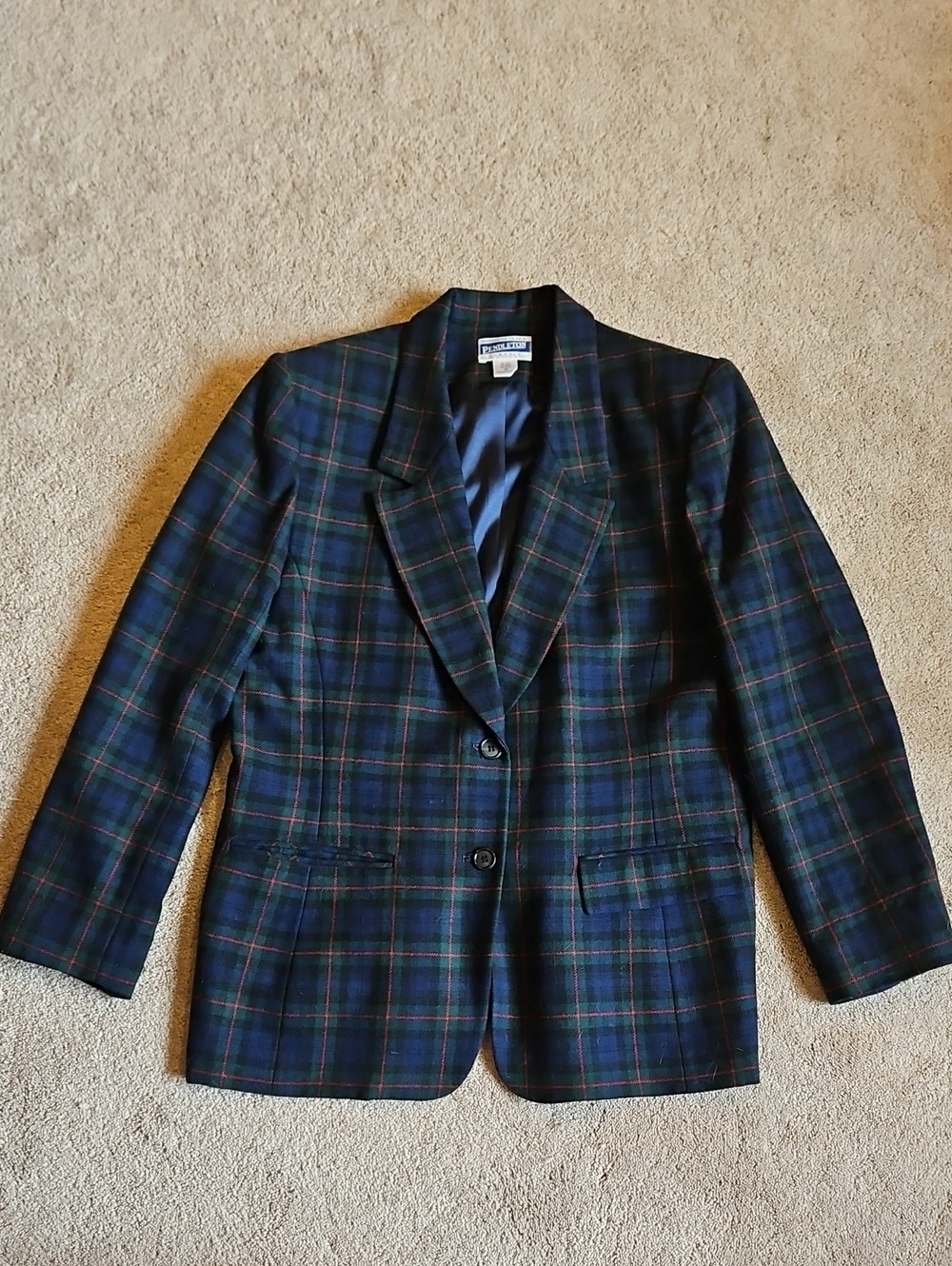 Pendleton Navy & Green Plaid Wool Blazer